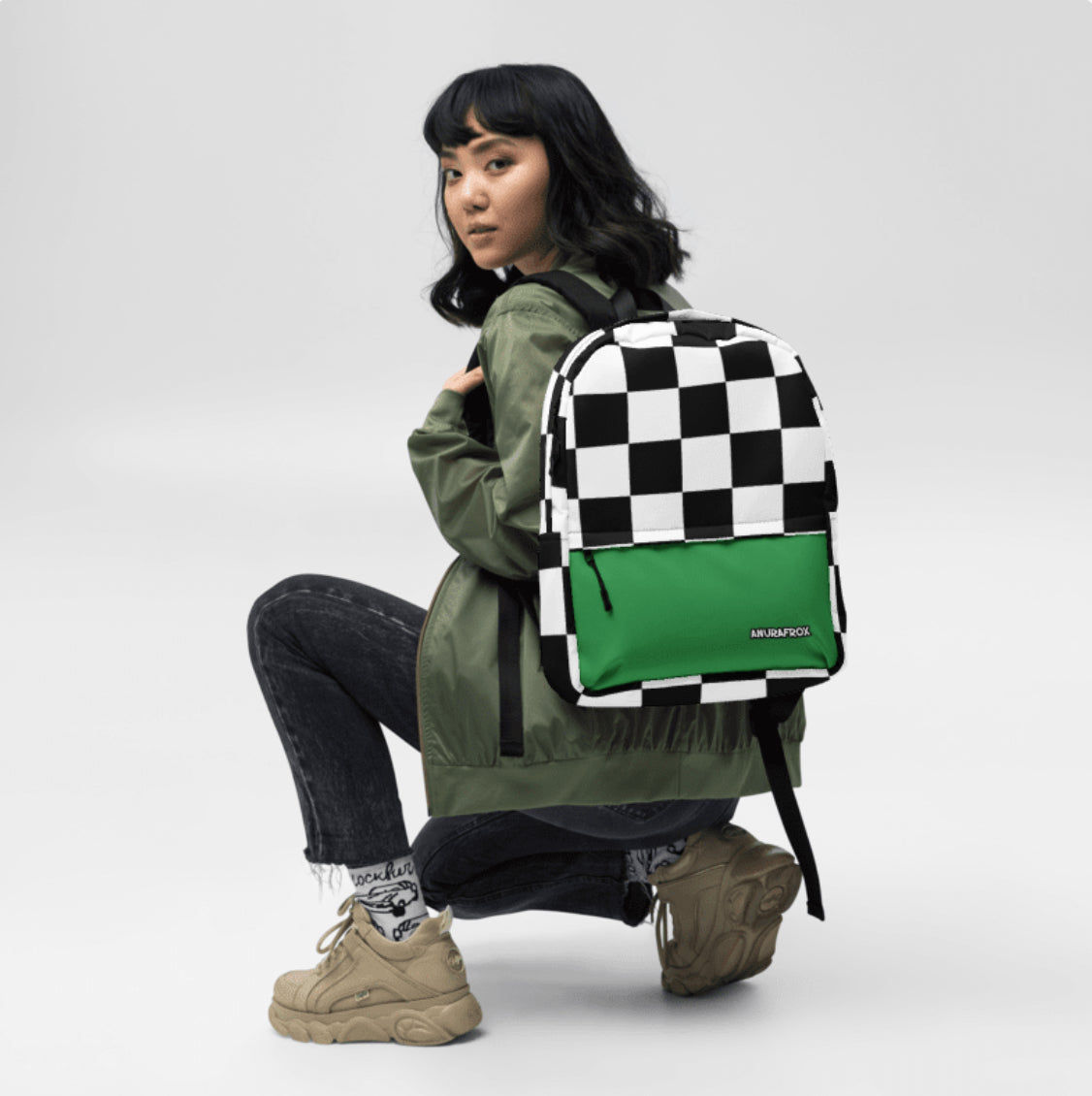 Checkerboard Sport Bookbag White/Black/Green